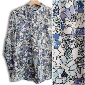ANN TAYLOR 100% Cotton Floral Button Down Shirt Top Blue & White Sz M